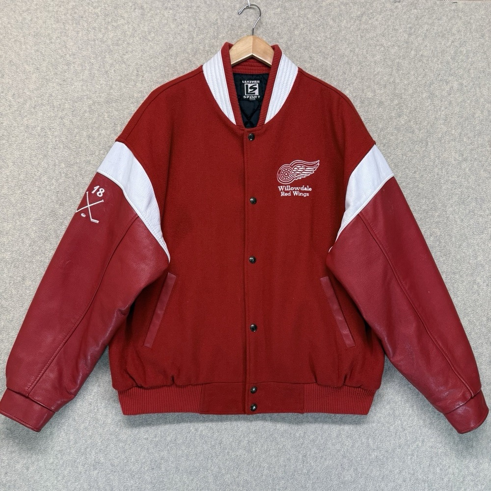Vintage‎ Leather Sport Varsity Jacket Red Wool Leather Mens L